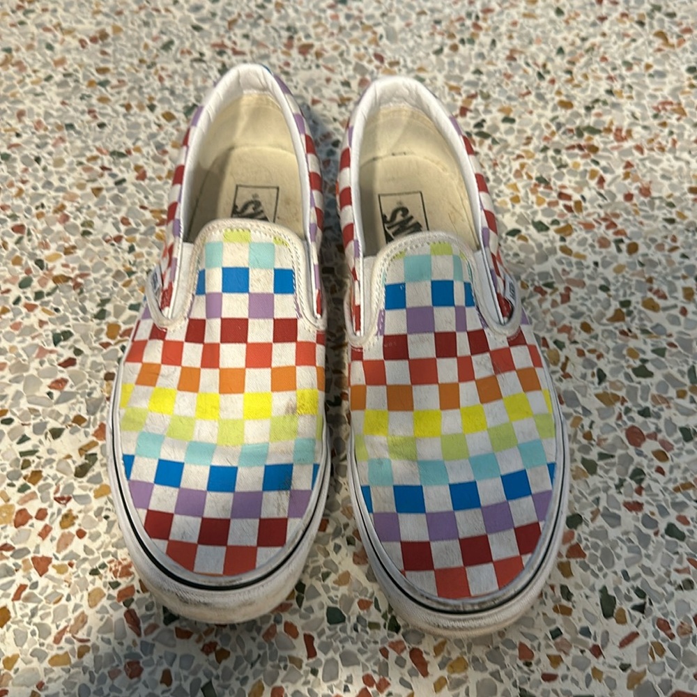 Women’s rainbow checkerboard vans